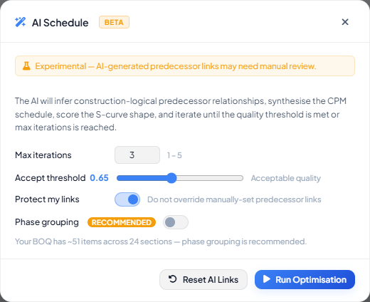 AI Schedule modal showing Max iterations, Accept threshold, Protect my links, and Phase grouping controls