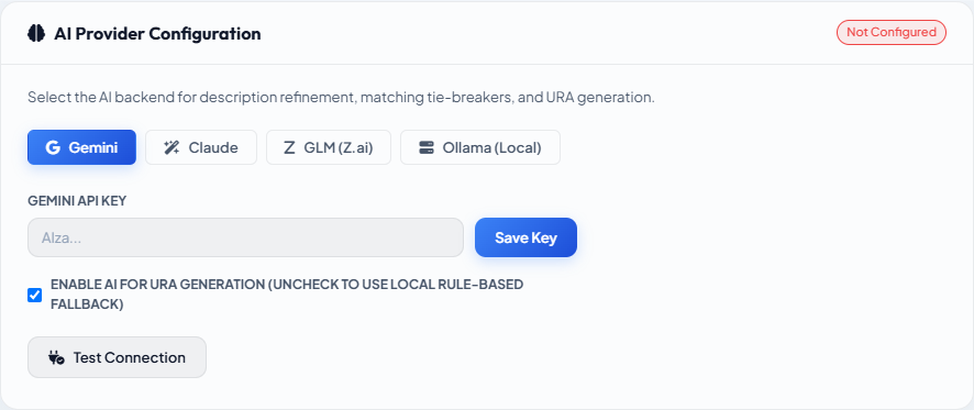 Settings โ AI Provider panel with provider tabs and API key field