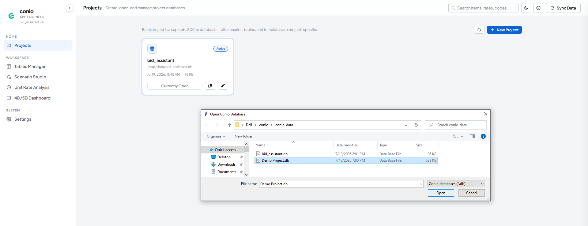 Native Open Conio Database dialog browsing to conio-data, with Demo Project.db selected