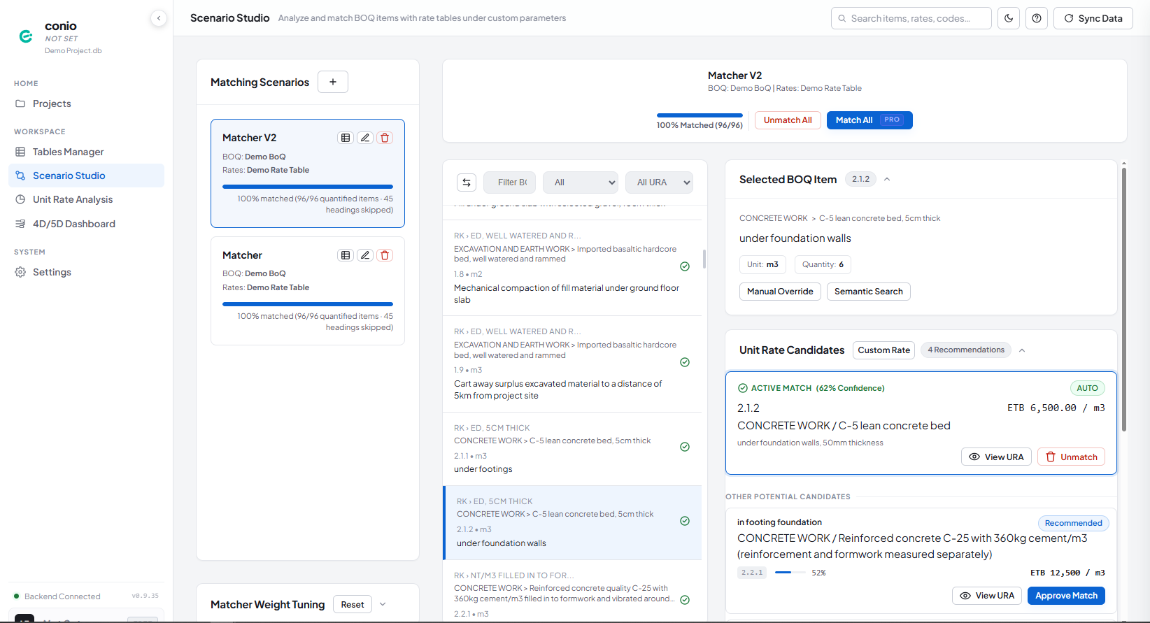 Scenario Studio with Matcher V2 open, a BOQ item selected, and its active match plus alternative candidates shown