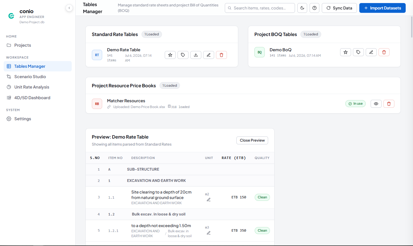 Tables Manager showing Demo Rate Table and Demo BoQ cards, and a preview of parsed rate table rows