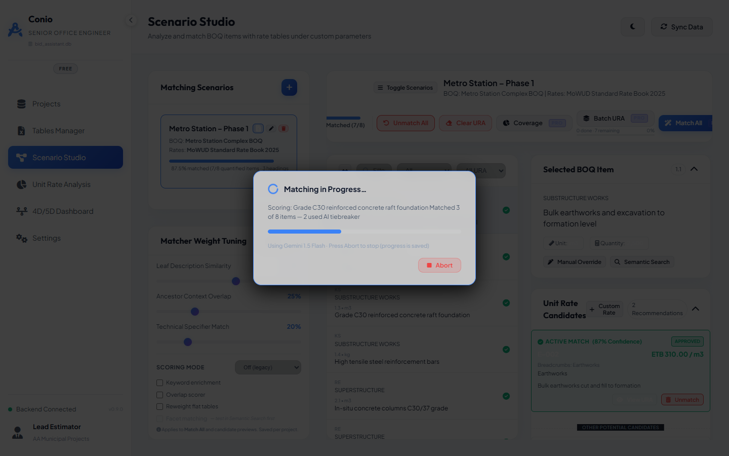 Match All progress modal showing current item and running count