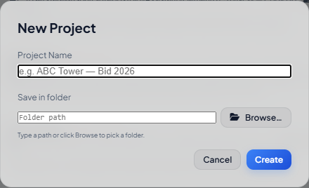 New Project dialog โ name field and folder picker