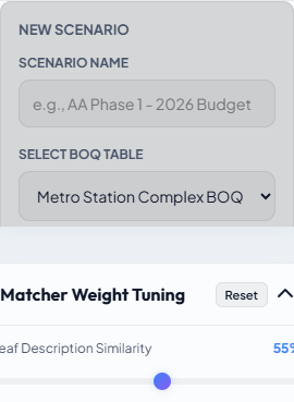 New scenario creation dialog showing name field, BOQ selector, and rate table selector