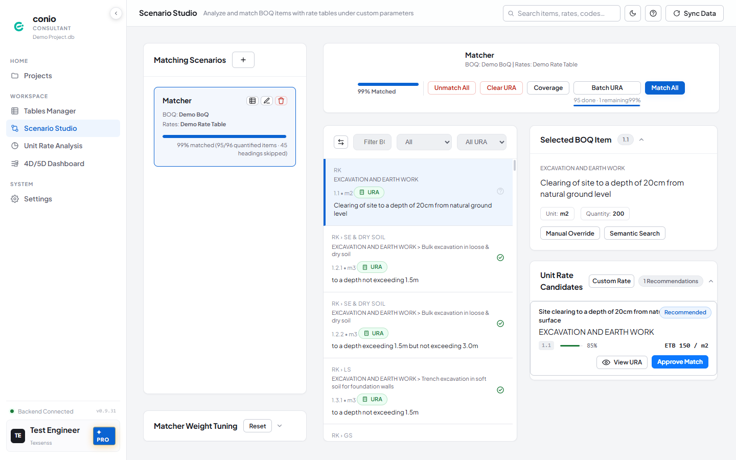 An unmatched item showing its ranked candidate with score, plus Approve Match, Manual Override, and Semantic Search options