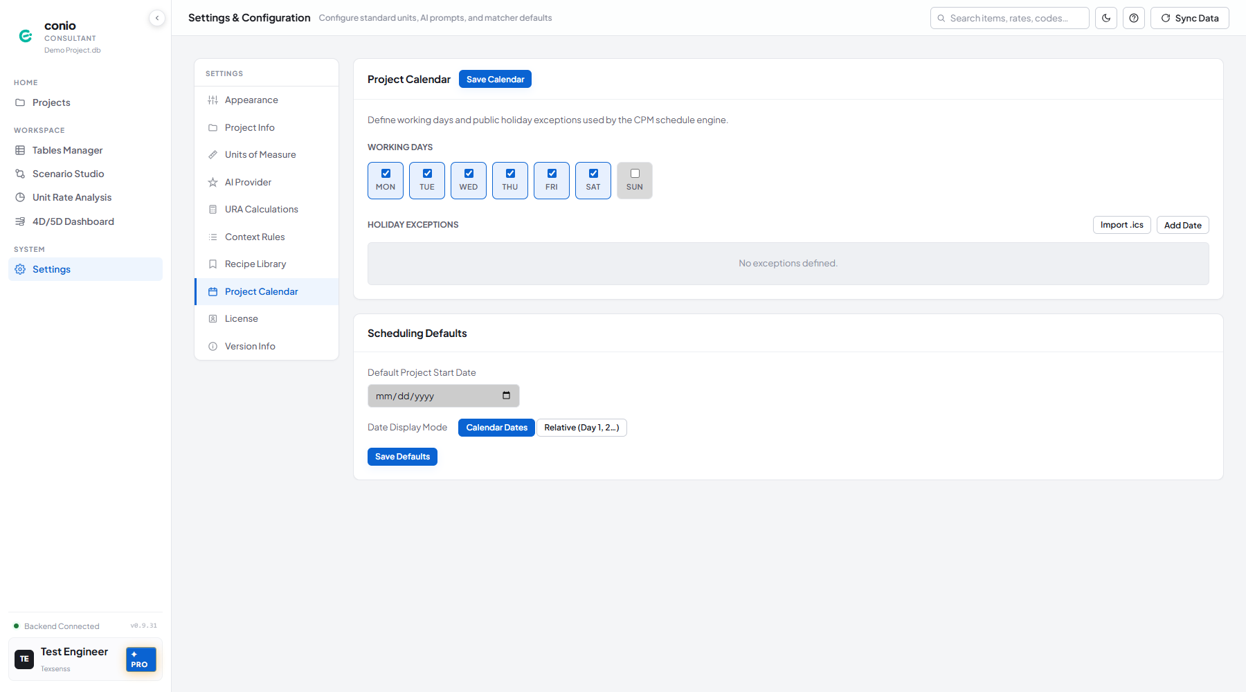 Project Calendar settings showing working days checkboxes, holiday exceptions, and scheduling defaults