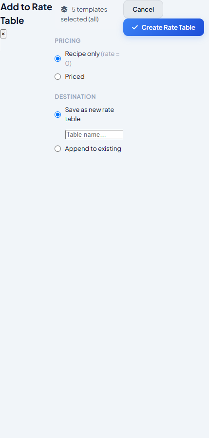 Export as Rate Table modal showing destination options โ new or append to existing