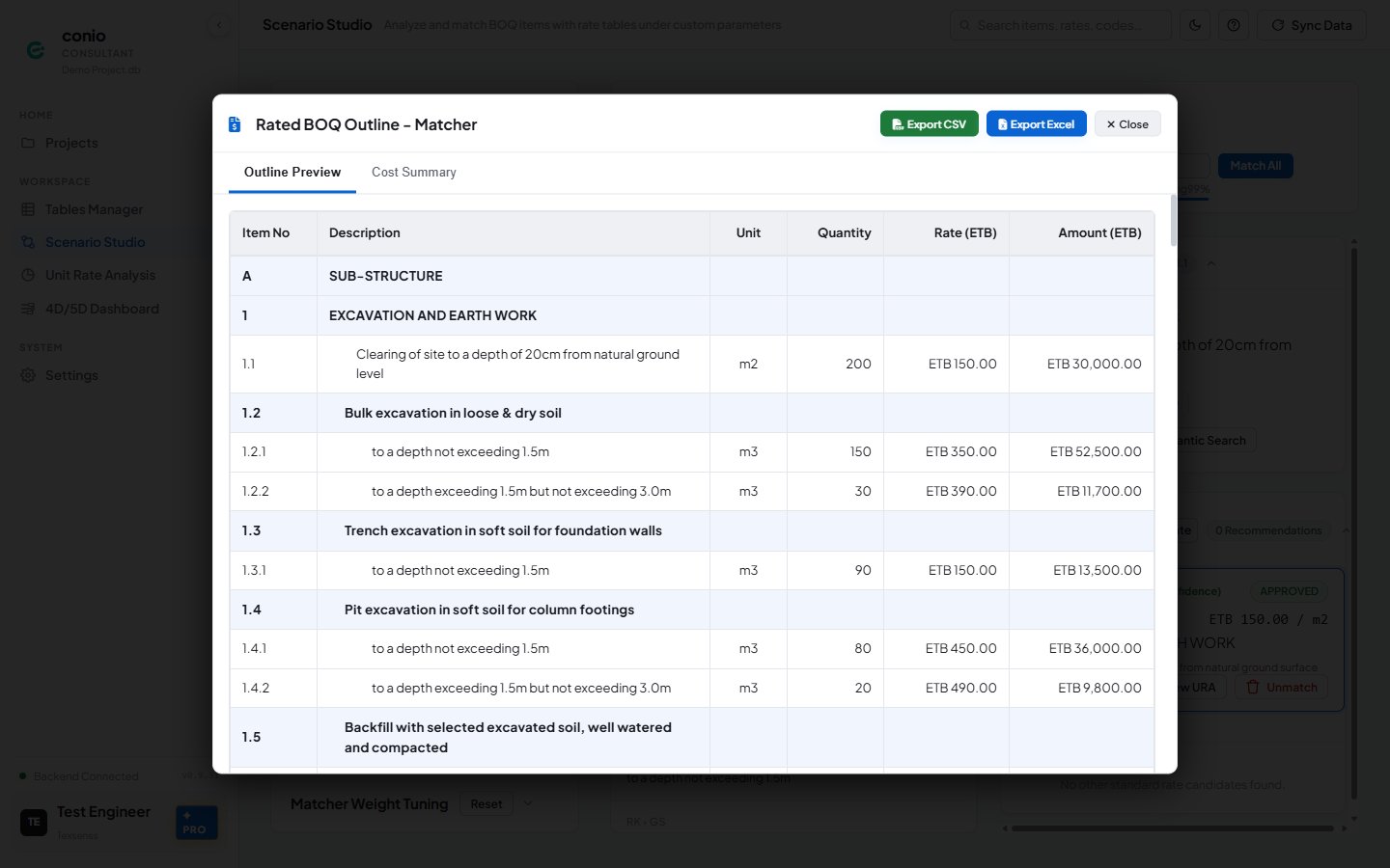 Rated BOQ Outline modal with Export CSV and Export Excel buttons and the priced item table
