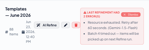 Persistent error panel on a table card showing batch errors