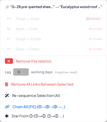 Link context menu showing the Re-sequence Selection (AI) action in the footer