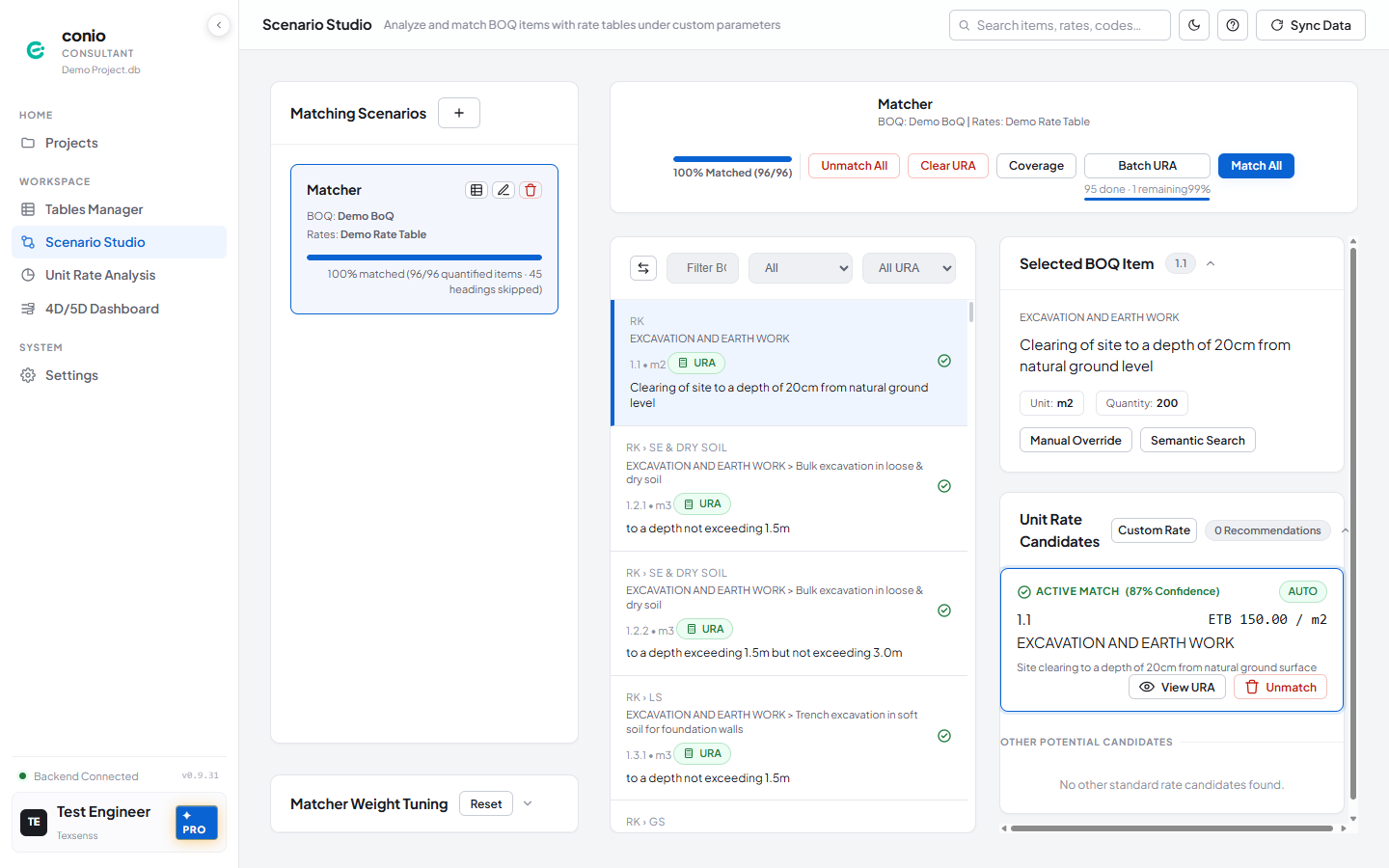 Scenario matching workspace with the Match All toolbar button, BOQ item list, and Unit Rate Candidates panel