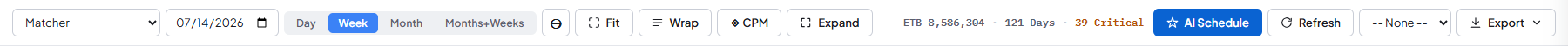 Schedule toolbar showing the scenario selector and Project start date field
