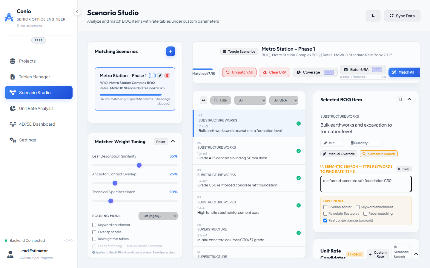 Semantic Search panel open with keyword input, experimental flags, and the SANDBOX badge on the candidates panel