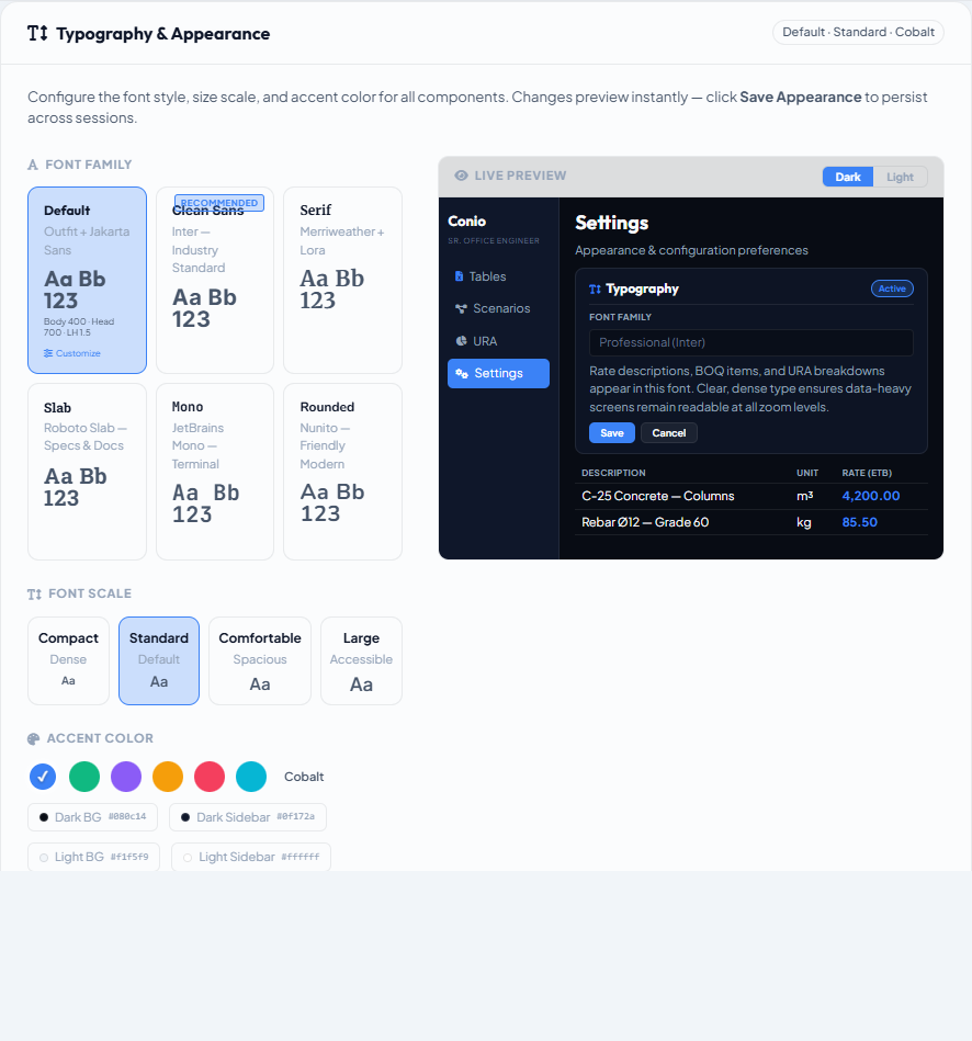 Typography and Appearance settings panel with font family picker, accent colour selector, and live preview pane