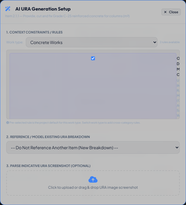 AI URA Generation Setup modal showing Context Constraints/Rules, Reference/Model Existing URA, and Parse Screenshot sections